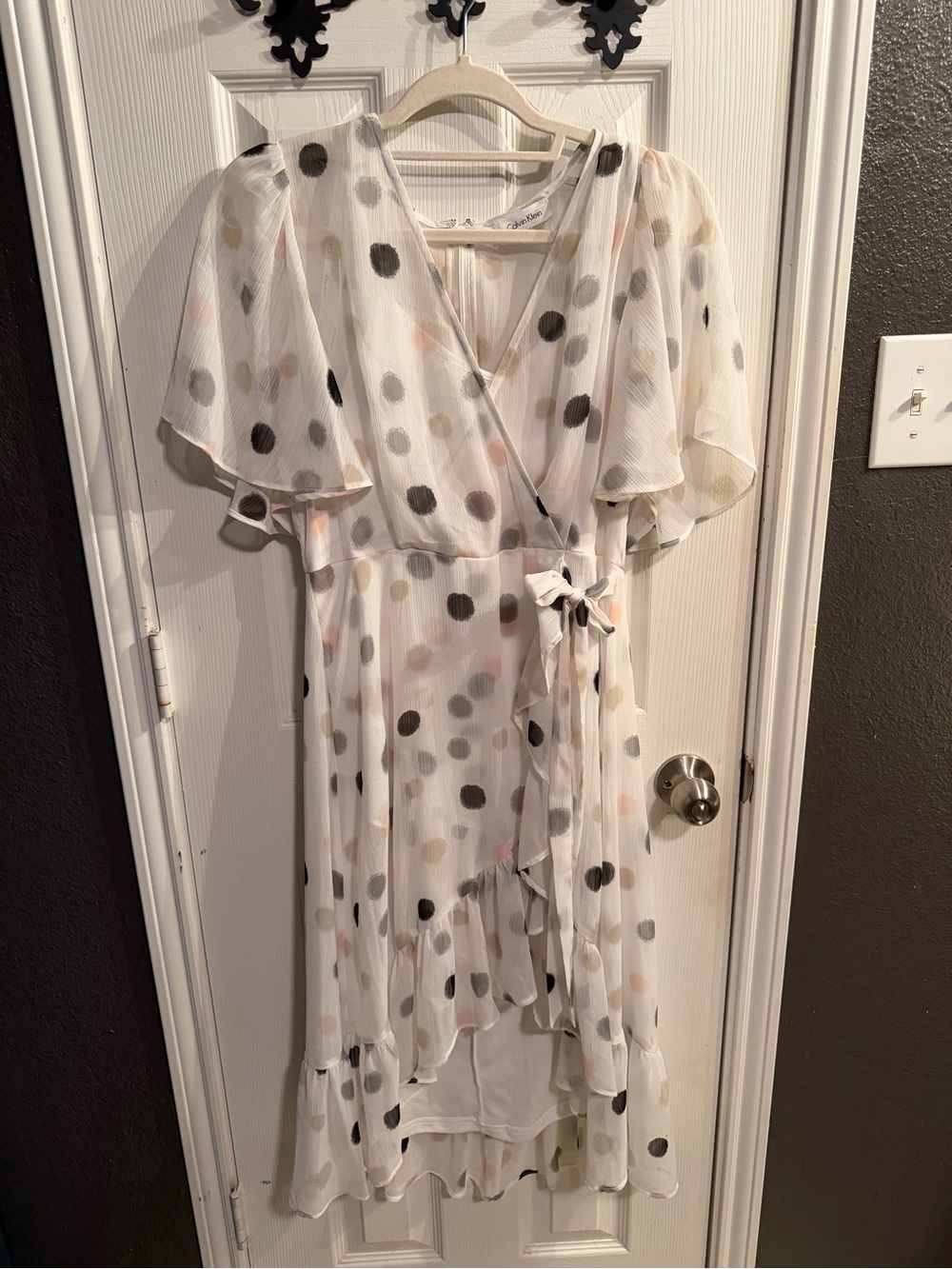 Calvin Klein White Wrap Dress with Black, Gray and Pale Pink Dots